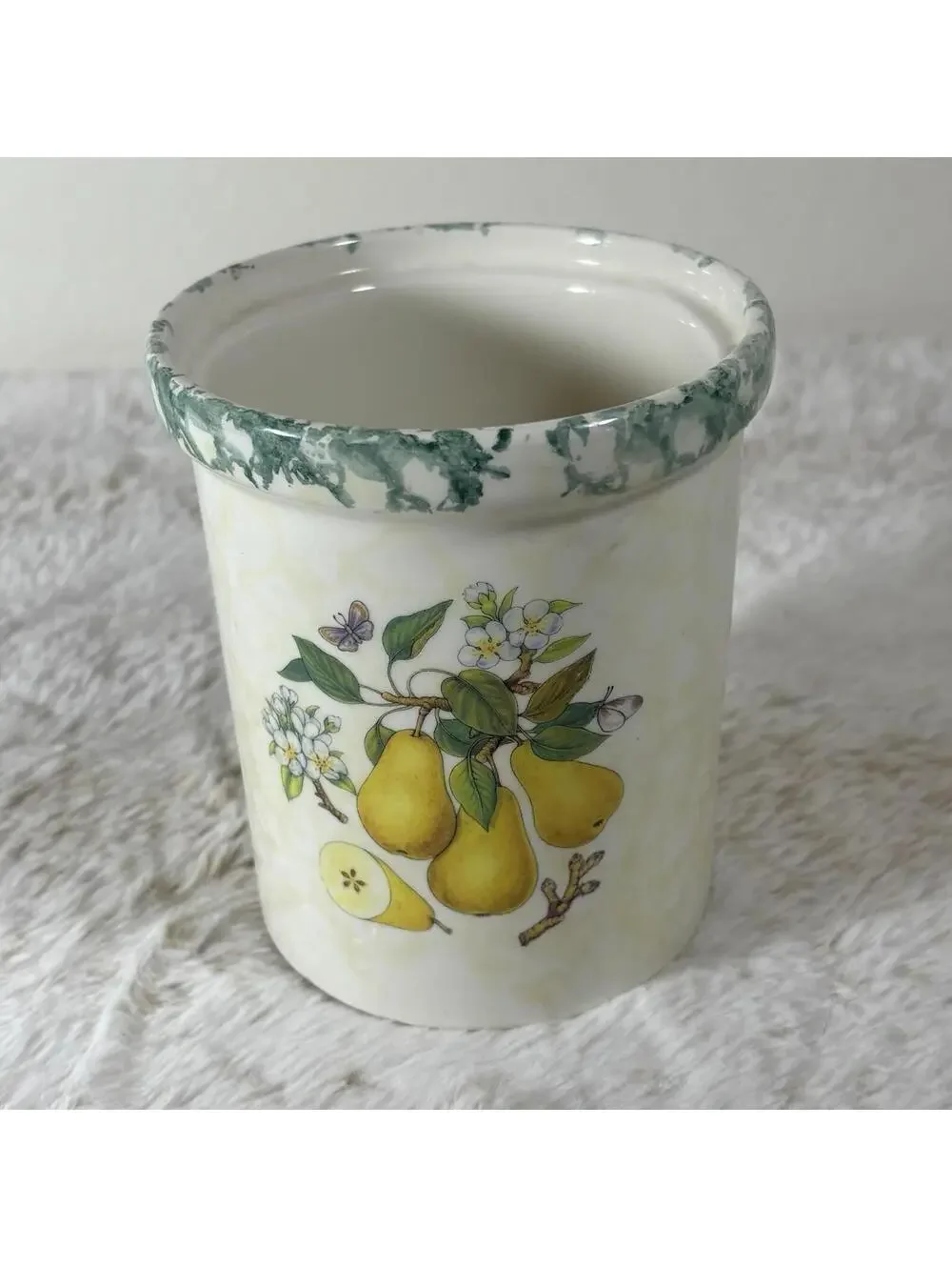 Vintage Himark Italy Pear Utensil Holder Crock Green Sponge Rim
